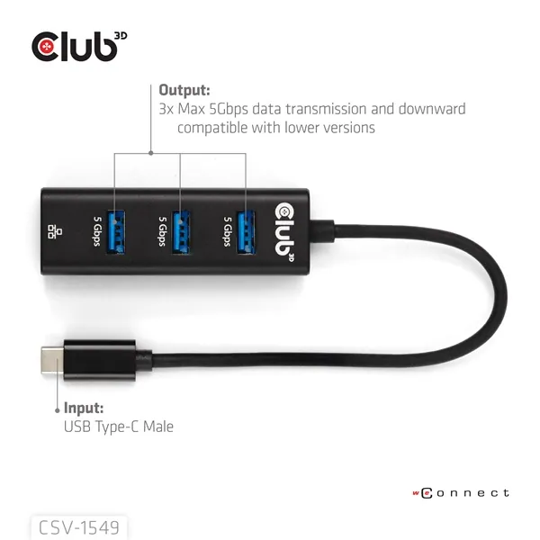 Club 3D USB Hub - CSV-1549 (3.2 USB-C Gen 1 to 3xUSB-A, RJ45,1Gbps) – 4. kép
