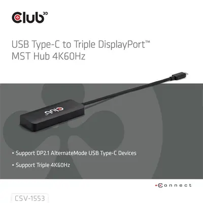 Club 3D MST Hub - CSV-1553 (3.2 USB-C to 3x DisplayPort, DP Alt-Mode, 4k60Hz) – 2. kép