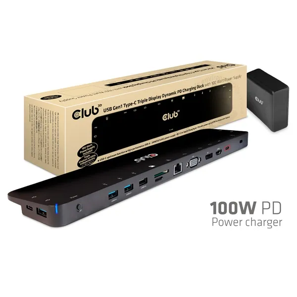 Club 3D Notebook Dokkoló - CSV-1564W100 (100W, 3.2 USB-C to 3xUSB-A 3.2, 5x USB-A,HDMI, PD, VGA, RJ45, SD, Micro SD, 3,5