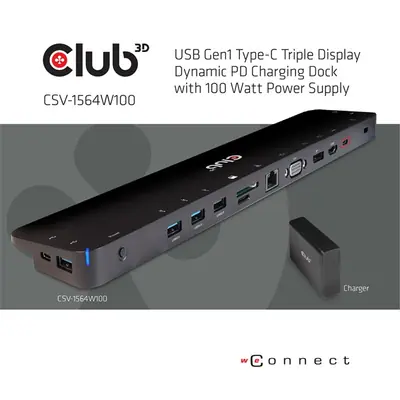 Club 3D Notebook Dokkoló - CSV-1564W100 (100W, 3.2 USB-C to 3xUSB-A 3.2, 5x USB-A,HDMI, PD, VGA, RJ45, SD, Micro SD, 3,5 – 2. kép