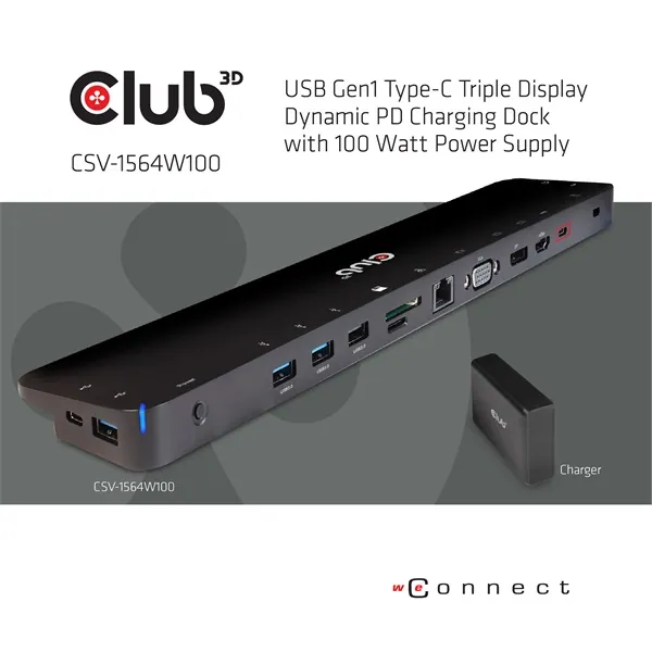 Club 3D Notebook Dokkoló - CSV-1564W100 (100W, 3.2 USB-C to 3xUSB-A 3.2, 5x USB-A,HDMI, PD, VGA, RJ45, SD, Micro SD, 3,5 – 2. kép