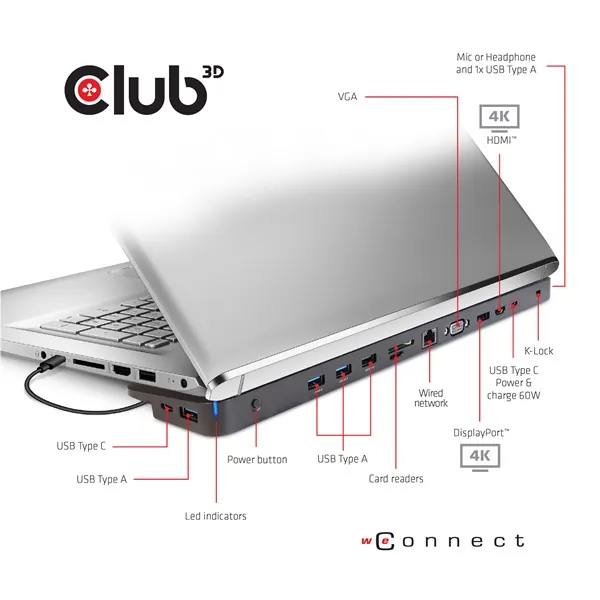 Club 3D Notebook Dokkoló - CSV-1564W100 (100W, 3.2 USB-C to 3xUSB-A 3.2, 5x USB-A,HDMI, PD, VGA, RJ45, SD, Micro SD, 3,5 – 3. kép