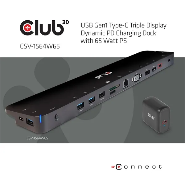 Club 3D Notebook Dokkoló - CSV-1564W65 (65W, 3.2 USB-C to 2xUSB-C, 5x USB-A,HDMI, PD, VGA, RJ45, SD, Micro SD, 3,5 Jack) – 5. kép