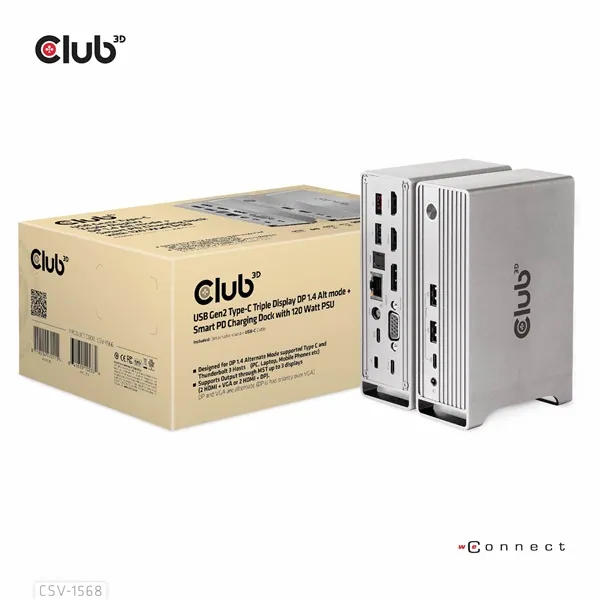 Club 3D Notebook Dokkoló - CSV-1568 (120W, Gen 2 USB-C to 4x USB-A, USB-C Gen 2, 2xHDMI, DP, VGA, RJ45, DC) – 6. kép