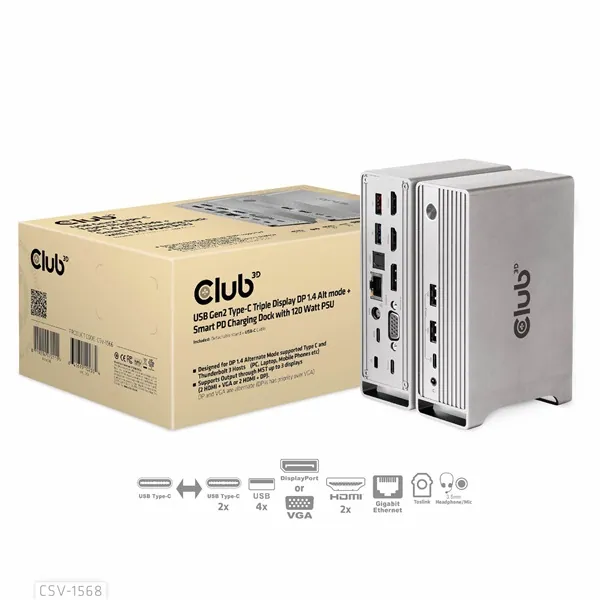 Club 3D Notebook Dokkoló - CSV-1568 (120W, Gen 2 USB-C to 4x USB-A, USB-C Gen 2, 2xHDMI, DP, VGA, RJ45, DC) – 7. kép