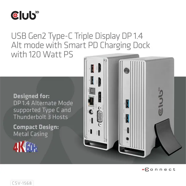 Club 3D Notebook Dokkoló - CSV-1568 (120W, Gen 2 USB-C to 4x USB-A, USB-C Gen 2, 2xHDMI, DP, VGA, RJ45, DC) – 8. kép