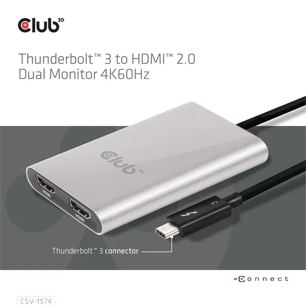 Club 3D Video Splitter - CSV-1574 (Thunderbolt 3 to Dual HDMI 2.0, 4K60Hz) – 4. kép