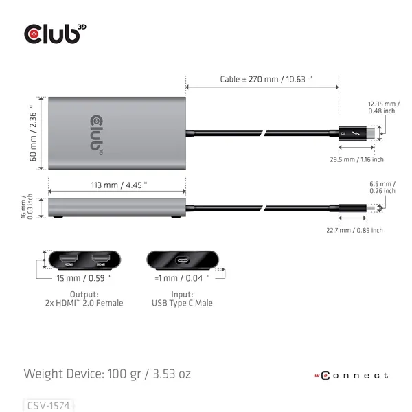 Club 3D Video Splitter - CSV-1574 (Thunderbolt 3 to Dual HDMI 2.0, 4K60Hz) – 6. kép