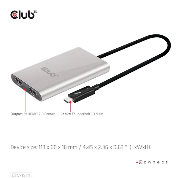 Club 3D Video Splitter - CSV-1574 (Thunderbolt 3 to Dual HDMI 2.0, 4K60Hz) – 7. kép