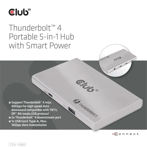 Club 3D USB Hub - CSV-1580 (Thunderbolt 4 to 3x Thunderbolt 4, 1x USB Gen2 Type-A, 100W DC, Max. 10Gbps) – 6. kép