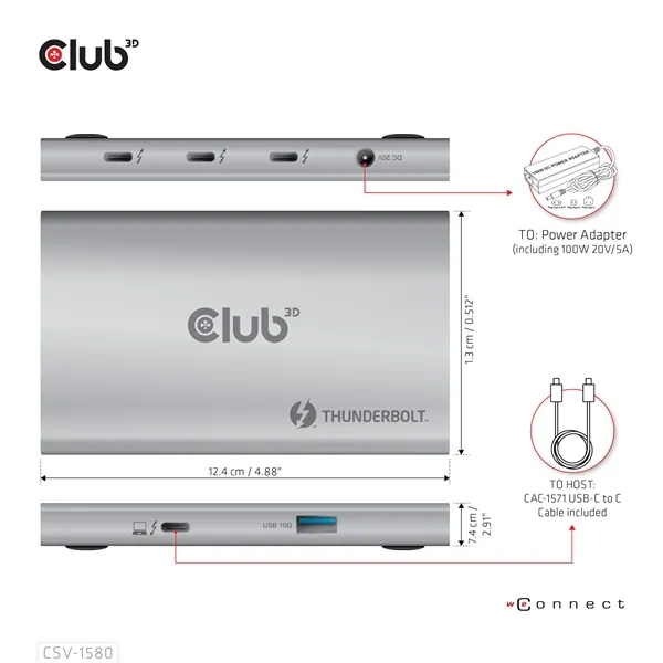 Club 3D USB Hub - CSV-1580 (Thunderbolt 4 to 3x Thunderbolt 4, 1x USB Gen2 Type-A, 100W DC, Max. 10Gbps) – 7. kép