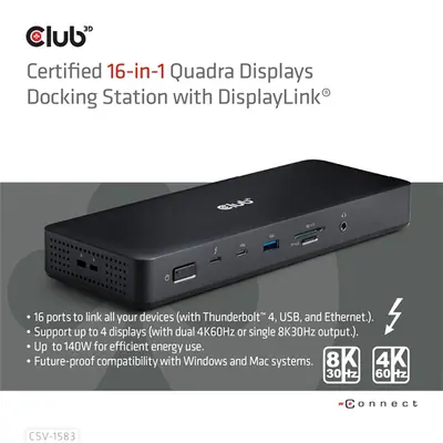 Club 3D Notebook Dokkoló - CSV-1583 (140W, 2xThunderbolt 4, 3xDP, 2xHDMI, USB-C, 3xUSB-A, SD, TF, RJ45, 3,5 Jack, DC) – 2. kép