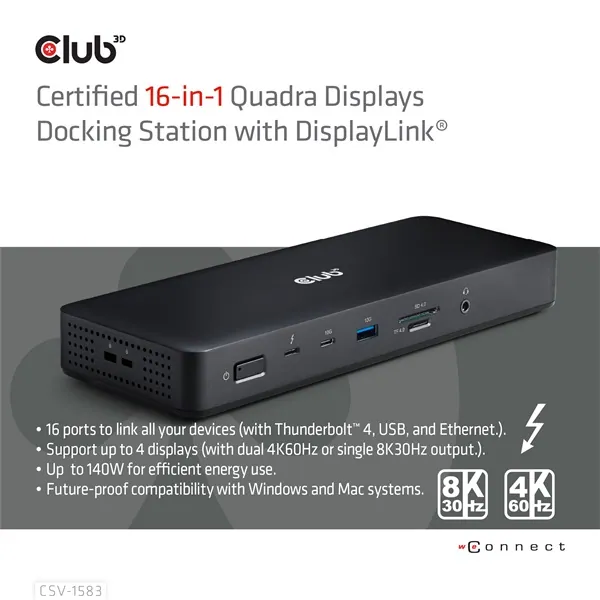 Club 3D Notebook Dokkoló - CSV-1583 (140W, 2xThunderbolt 4, 3xDP, 2xHDMI, USB-C, 3xUSB-A, SD, TF, RJ45, 3,5 Jack, DC) – 2. kép