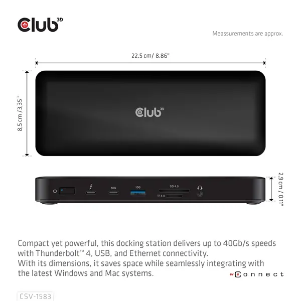 Club 3D Notebook Dokkoló - CSV-1583 (140W, 2xThunderbolt 4, 3xDP, 2xHDMI, USB-C, 3xUSB-A, SD, TF, RJ45, 3,5 Jack, DC) – 3. kép