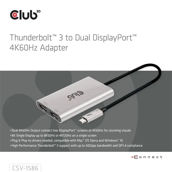 Club 3D Video Splitter - CSV-1586 (Thunderbolt 3 to Dual DisplayPort, 40Gbps, 4K60Hz) – 3. kép