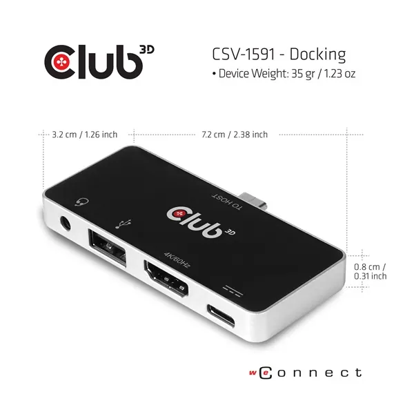 Club 3D USB Hub - CSV-1591 (3.1 USB-C Gen 1 to HDMI, 2.0 USB-A, USB-C 100W, 3,5 Jack, 4k60Hz) – 2. kép