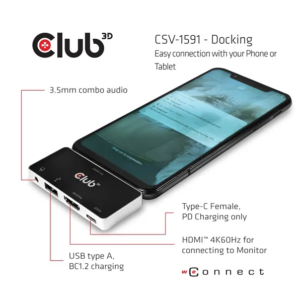 Club 3D USB Hub - CSV-1591 (3.1 USB-C Gen 1 to HDMI, 2.0 USB-A, USB-C 100W, 3,5 Jack, 4k60Hz) – 3. kép