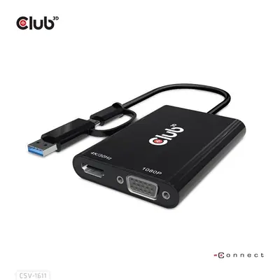 Club 3D Átalakító - CSV-1611(USB-C (USB-A Adapterrel) to Dual HDMI (4K/30Hz) / VGA (1080/60Hz))