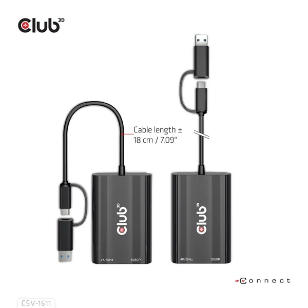 Club 3D Átalakító - CSV-1611(USB-C (USB-A Adapterrel) to Dual HDMI (4K/30Hz) / VGA (1080/60Hz)) – 2. kép