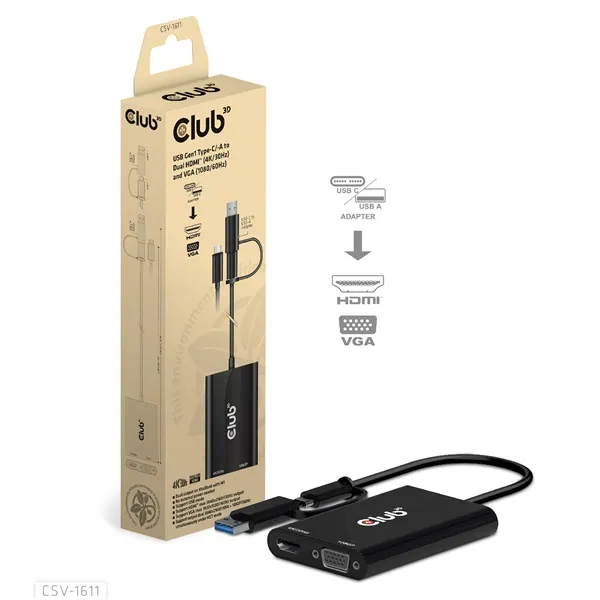 Club 3D Átalakító - CSV-1611(USB-C (USB-A Adapterrel) to Dual HDMI (4K/30Hz) / VGA (1080/60Hz)) – 6. kép