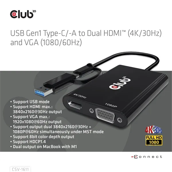 Club 3D Átalakító - CSV-1611(USB-C (USB-A Adapterrel) to Dual HDMI (4K/30Hz) / VGA (1080/60Hz)) – 7. kép