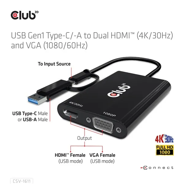 Club 3D Átalakító - CSV-1611(USB-C (USB-A Adapterrel) to Dual HDMI (4K/30Hz) / VGA (1080/60Hz)) – 8. kép