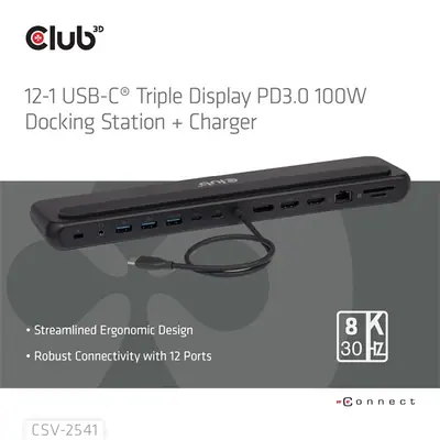 Club 3D Notebook Dokkoló - CSV-2541 (USB-C to 4xUSB-C, 2xUSB-A, 2xHDMI, 2xDP, RJ45, SD/MicroSD, 100W PD, 4K60hz) – 2. kép
