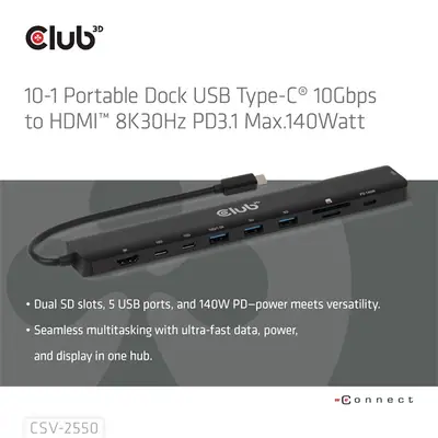 Club 3D USB Hub - CSV-2550 (USB-C to 3xUSB-C, 3xUSB-A, RJ45, SD/MicroSD, 140W PD, HDMI, 8K30hz)