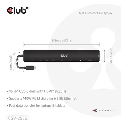Club 3D USB Hub - CSV-2550 (USB-C to 3xUSB-C, 3xUSB-A, RJ45, SD/MicroSD, 140W PD, HDMI, 8K30hz) – 2. kép