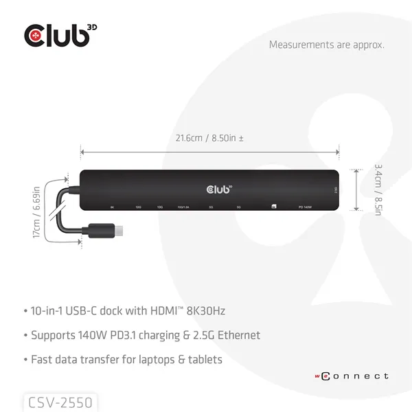 Club 3D USB Hub - CSV-2550 (USB-C to 3xUSB-C, 3xUSB-A, RJ45, SD/MicroSD, 140W PD, HDMI, 8K30hz) – 2. kép