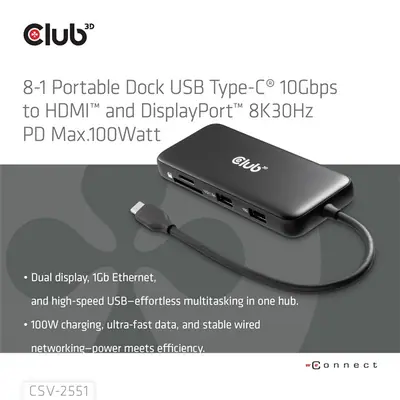 Club 3D USB Hub - CSV-2551 (USB-C to USB-C, 2xUSB-A, RJ45, SD/MicroSD, 100W PD, HDMI, DP, 8K30hz) – 2. kép