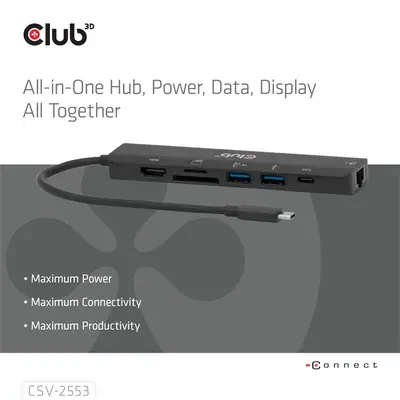 Club 3D USB Hub - CSV-2553 (USB-C to USB-C, 2xUSB-A, HDMI, RJ45, SD/MicroSD, 100W PD, 4K60hz) – 2. kép