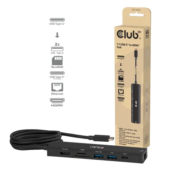 Club 3D Notebook Dokkoló - CSV-2555 (140W, USB-C to 4K60Hz HDMI, USB-C, RJ-45, 2x USB-A, MicroSD, SD)