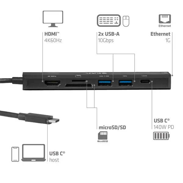 Club 3D Notebook Dokkoló - CSV-2555 (140W, USB-C to 4K60Hz HDMI, USB-C, RJ-45, 2x USB-A, MicroSD, SD) – 6. kép