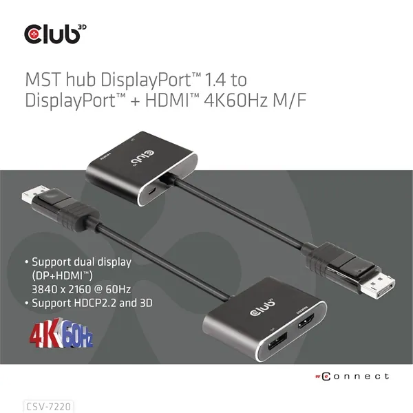 Club 3D MST Hub - CSV-7220 (DisplayPort 1.4 to DisplayPort + HDMI, 2x 4K60Hz) – 6. kép