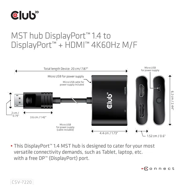 Club 3D MST Hub - CSV-7220 (DisplayPort 1.4 to DisplayPort + HDMI, 2x 4K60Hz) – 7. kép