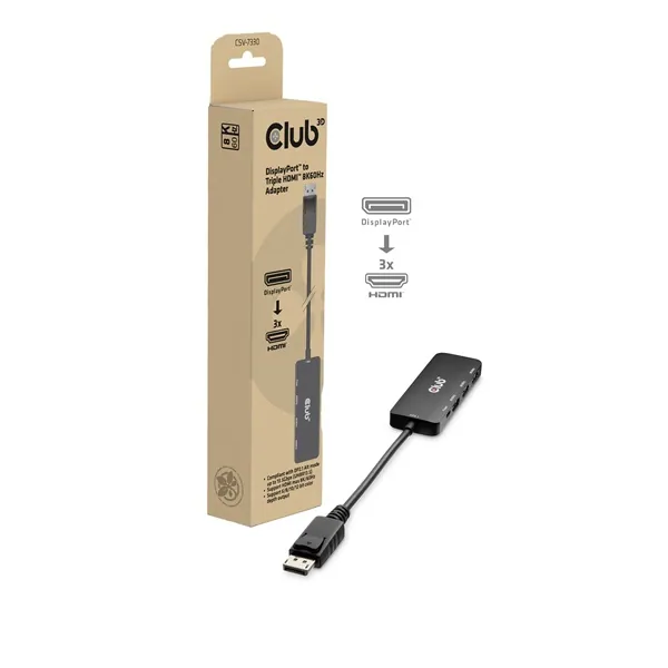 Club 3D Átalakító - CSV-7330 (DisplayPort 2.1 to 3xHDMI, 8K60Hz, HDR, HDCP 2.3, HPD, ALT mode)