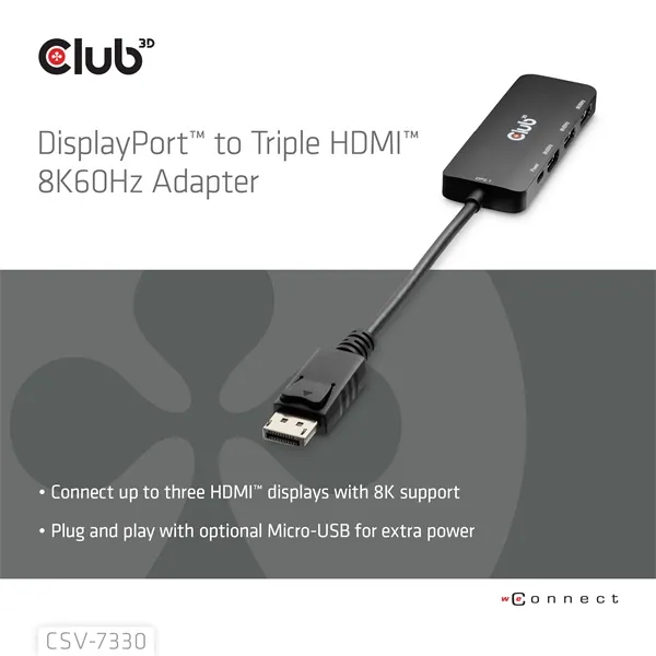 Club 3D Átalakító - CSV-7330 (DisplayPort 2.1 to 3xHDMI, 8K60Hz, HDR, HDCP 2.3, HPD, ALT mode) – 2. kép