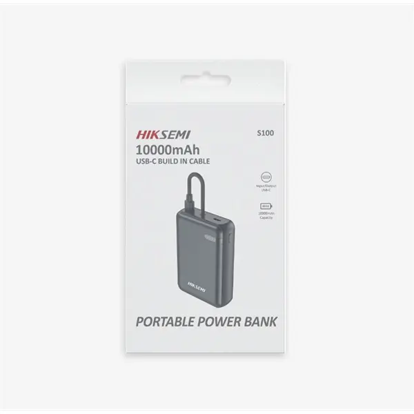 Hikvision HIKSEMI Akkubank - 10000mAh S100 PowerBank (2db Type-C, Beépített kábel, Output 20W max.) Szürke