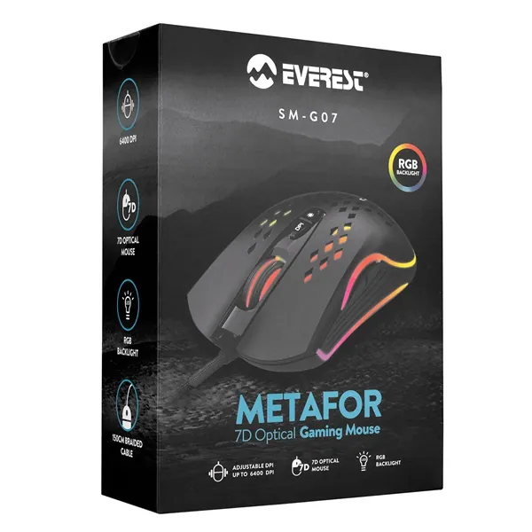 Everest Gamer Egér - SM-G07 METAFOR (6400 DPI, 7gomb, 1,5m harisnyázott kábel,optikai, fekete, RGB LED) – 6. kép