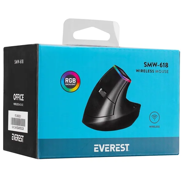 Everest Vezeték nélküli Egér - SMW-618 Ergonomic Vertical (1600 DPI, 6 gomb, optikai, fekete, RGB LED) – 7. kép