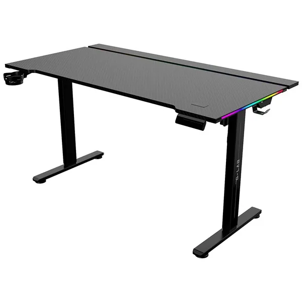 The G-Lab Gamer Asztal - K DESK PLATINIUM (140x75cm, fém, pohár, fejhallgatótartó, fekete, motoros magasság áll., RGB)