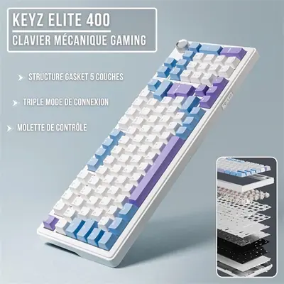 The G-Lab Vezeték nélküli Gamer Billentyűzet - KEYZ ELITE 400 WB/US (RGB, 2,4Ghz+BT+Wired, 1000Hz, USB, fehér-kék angol) – 2. kép