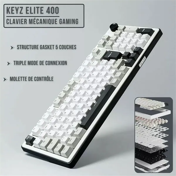 The G-Lab Vezeték nélküli Gamer Billentyűzet - KEYZ ELITE 400 WG/US (RGB, 2,4Ghz+BT+Wired, 1000Hz, USB, fehér-szü angol) – 2. kép