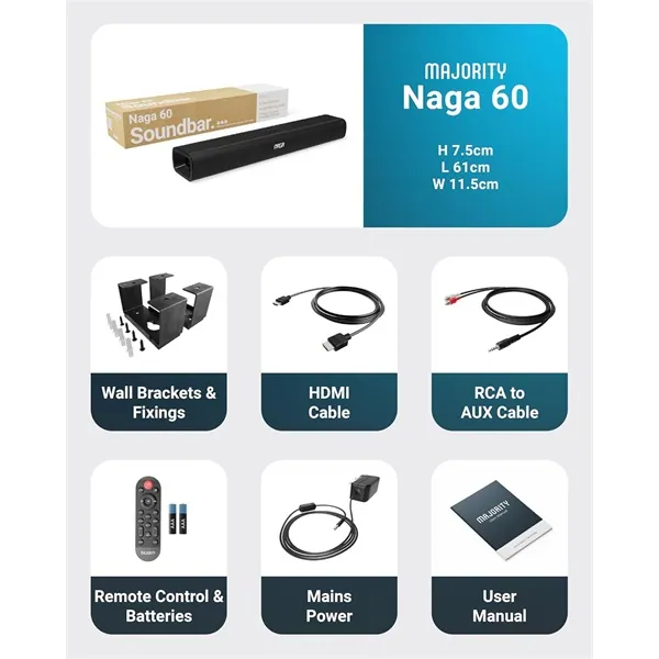 Majority Hangszóró Soundbar - Naga 60 (120W, Bluetooth 5.0, HDMI ARC, AUX, USB, Optikai, Távírányító) – 2. kép