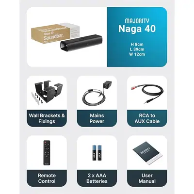 Majority Hangszóró Soundbar - Naga 40 (70W, Bluetooth 5.0, HDMI ARC, AUX, USB, Optikai, Távírányító) – 2. kép