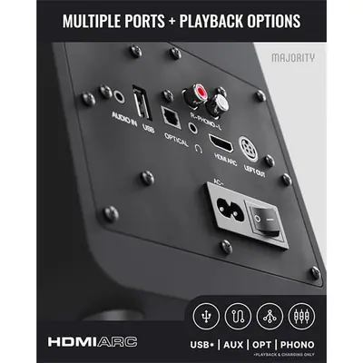 Majority Hangszóró 2.0 - D70X Fekete (70W, Bluetooth 5.3, USB, AUX, HDMI ARC, RCA, USB, Optikai, Távírányító) – 2. kép