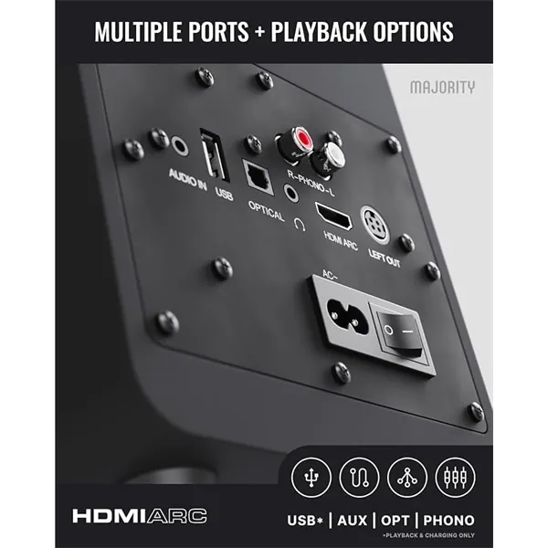 Majority Hangszóró 2.0 - D70X Fekete (70W, Bluetooth 5.3, USB, AUX, HDMI ARC, RCA, USB, Optikai, Távírányító) – 2. kép