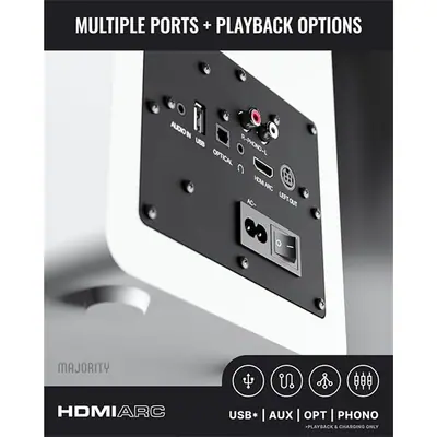 Majority Hangszóró 2.0 - D100X Fehér (100W, Bluetooth 5.3, USB, AUX, HDMI ARC, RCA, USB, Optikai, Távírányító) – 2. kép