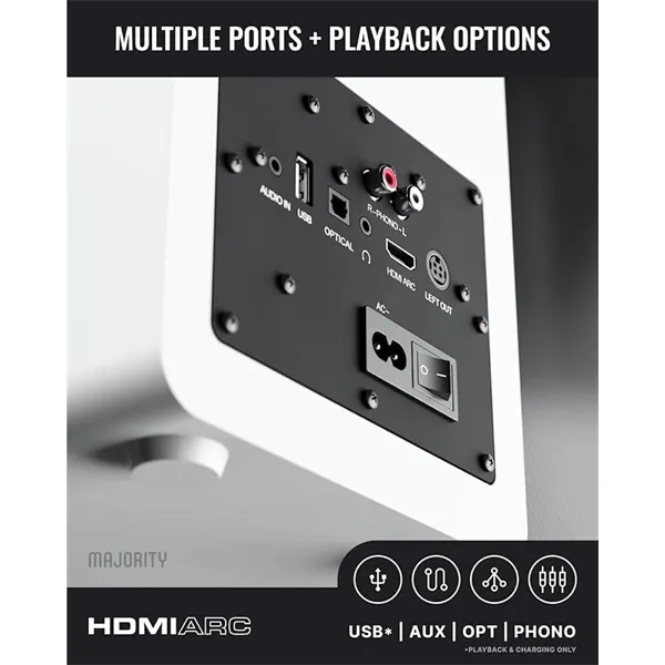 Majority Hangszóró 2.0 - D100X Fehér (100W, Bluetooth 5.3, USB, AUX, HDMI ARC, RCA, USB, Optikai, Távírányító) – 2. kép